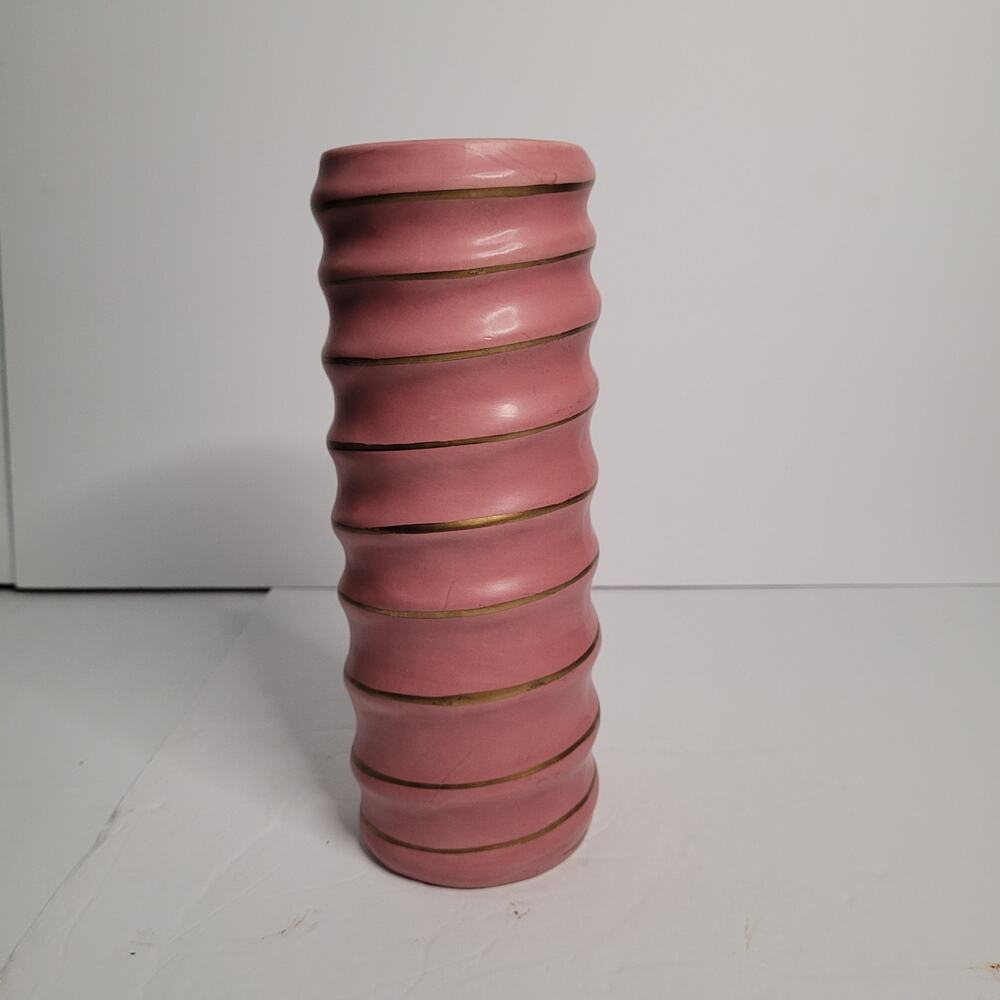 Art Deco Pink Pottery Vase with Gold Ribbon Design 10x4
